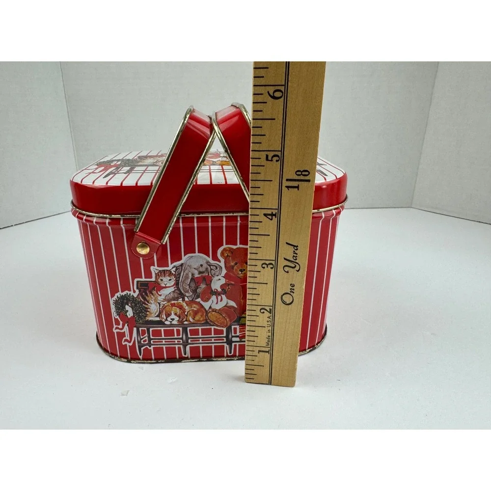 Vintage Christmas Holiday Tin Teddy Bear Cat Dog Picnic Basket Style Red White